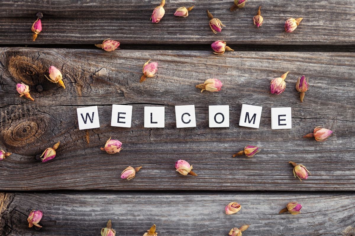 Welcome word is made of bright wood cubes with black letters and small pink roses  on a dark wooden background