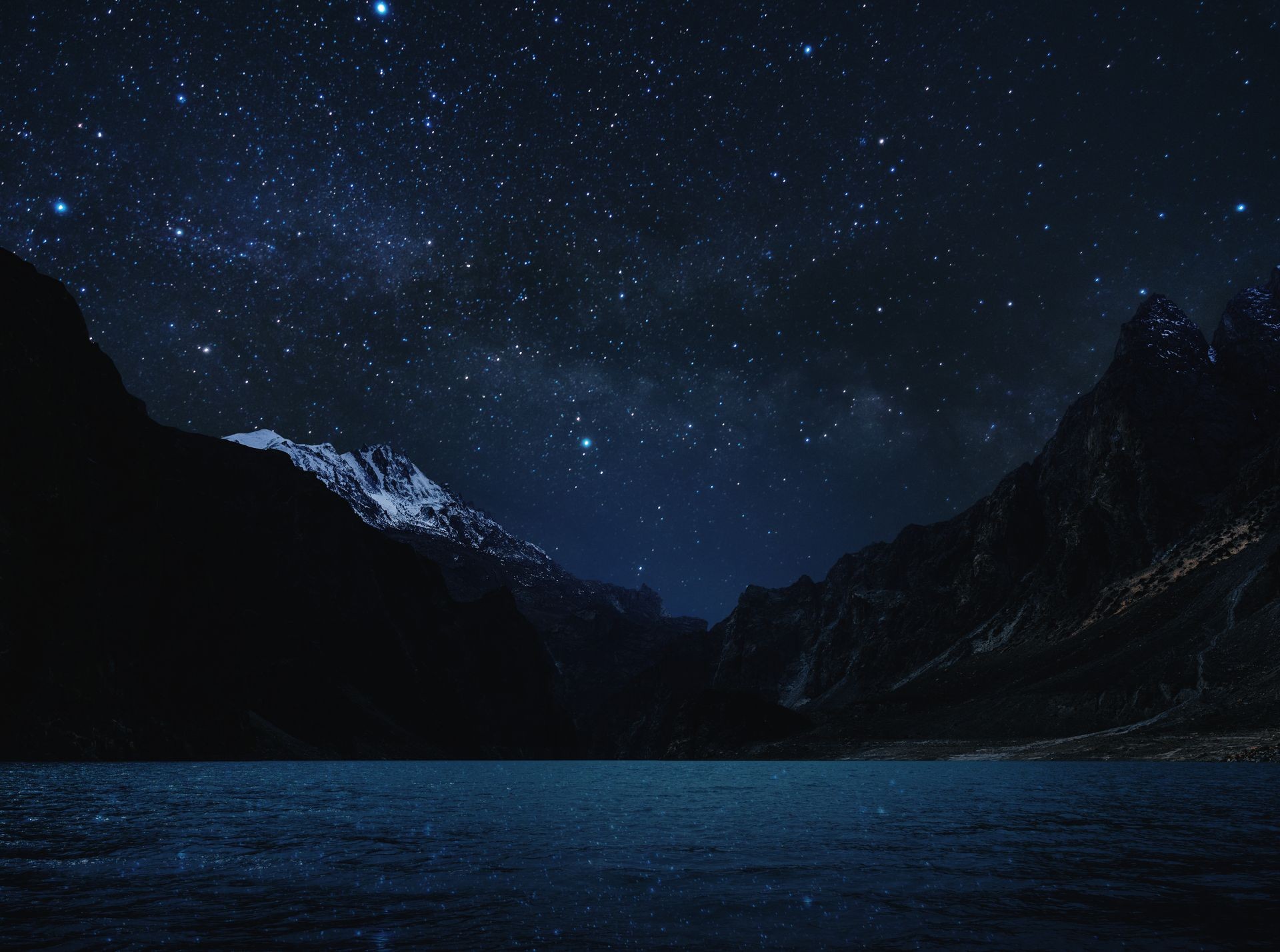 Night Landscape, Silhouette mountain with lake and sky full of star with milky way